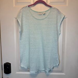 Christian Siriano Aqua and White Striped Linen Short Sleeve Shirt Top Size L